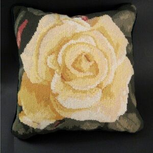 Vintage Floral Needlepoint Cushion Cover w/ Green Velvet back w zipper